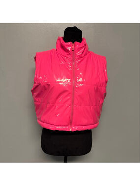 Women's TAXI Pink Shiny Puffer Vest size Medium cropped patent